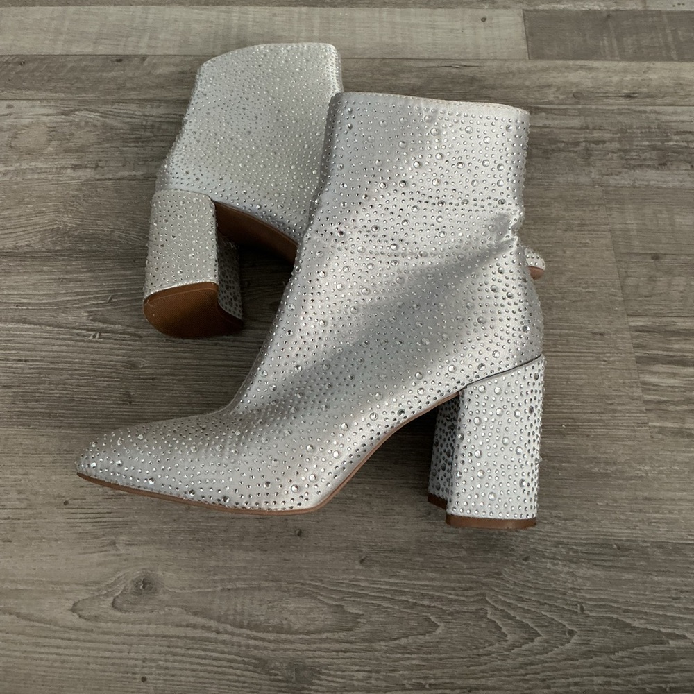Qupid Mariko rhinestone metallic satin ankle boots in silver